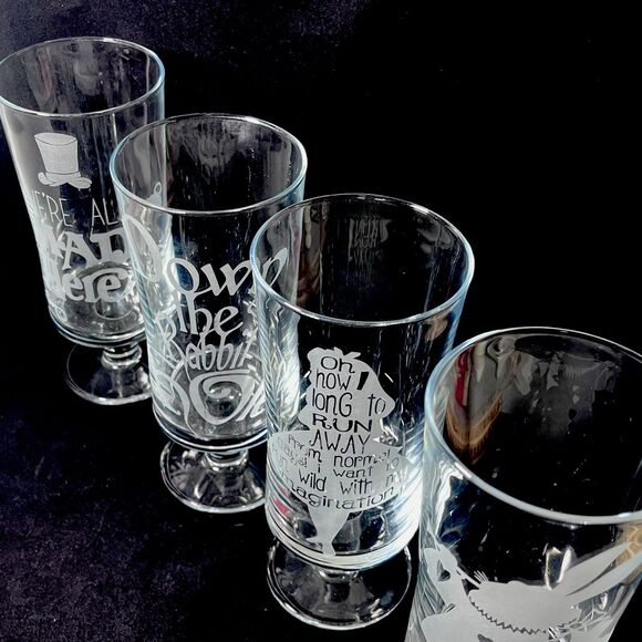 Alice In Wonderland Parfait Etched Glass Set of 4 Custom Made Footed Clear OOAK - Picture 9 of 10